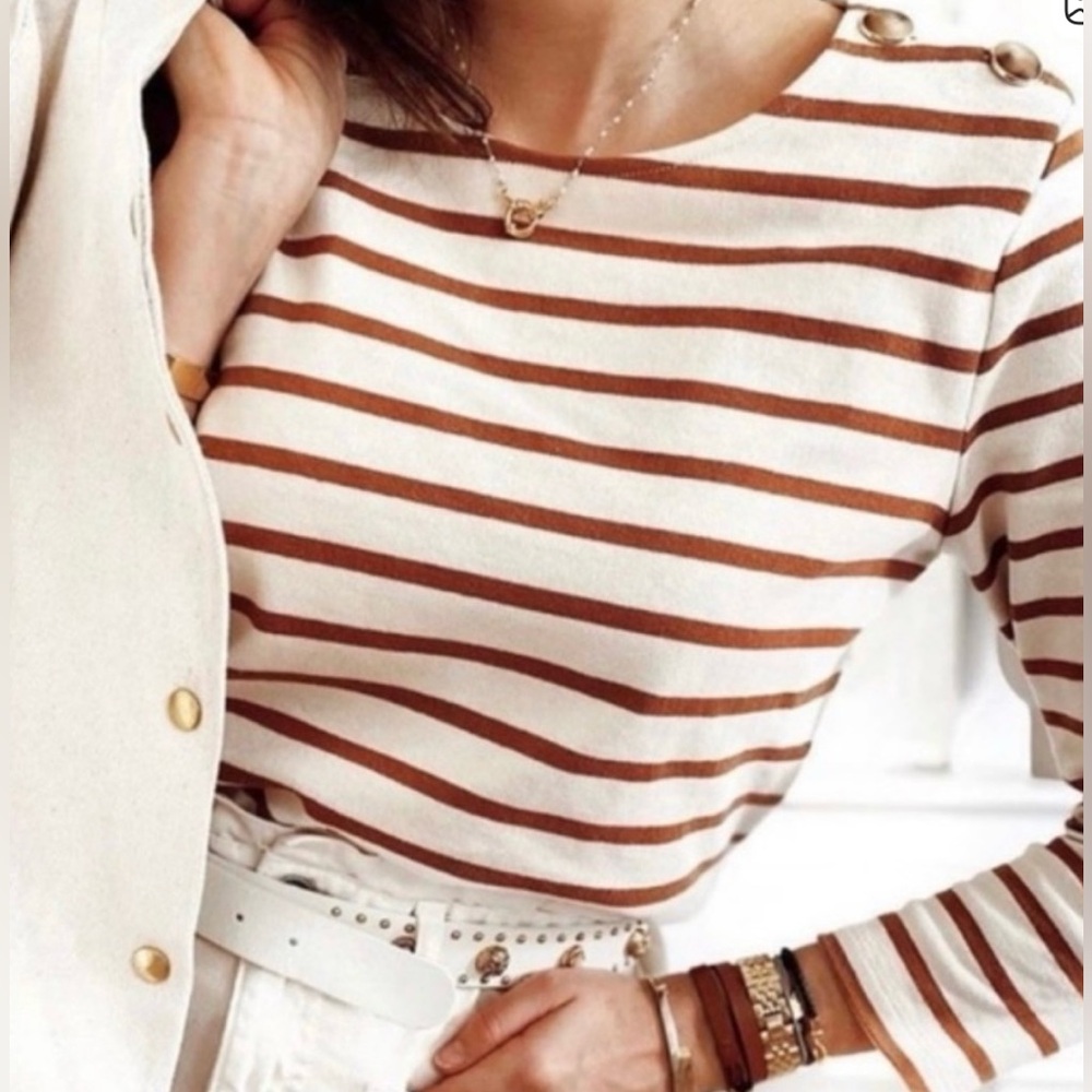 Sezane Colette Mariniere Stripe Breton Top Ecru/Camel Size M 🍂🍁🍂 - Picture 8 of 12